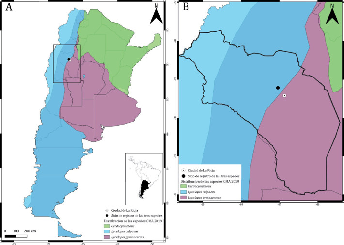 Polígonos de distribución de Cerdocyon thous (verde), Lycalopex gymnocercus (violeta) y L. culpaeus (celeste) en Argentina