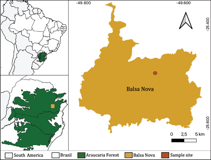 Map of Balsa Nova, Paraná, Brazil. The red dot indicates Bugre district.